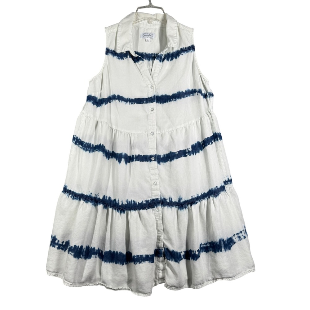 Mud Pie Dress Tiered Sleeveless Casual Hippie Tie Dye White Blue Size Small